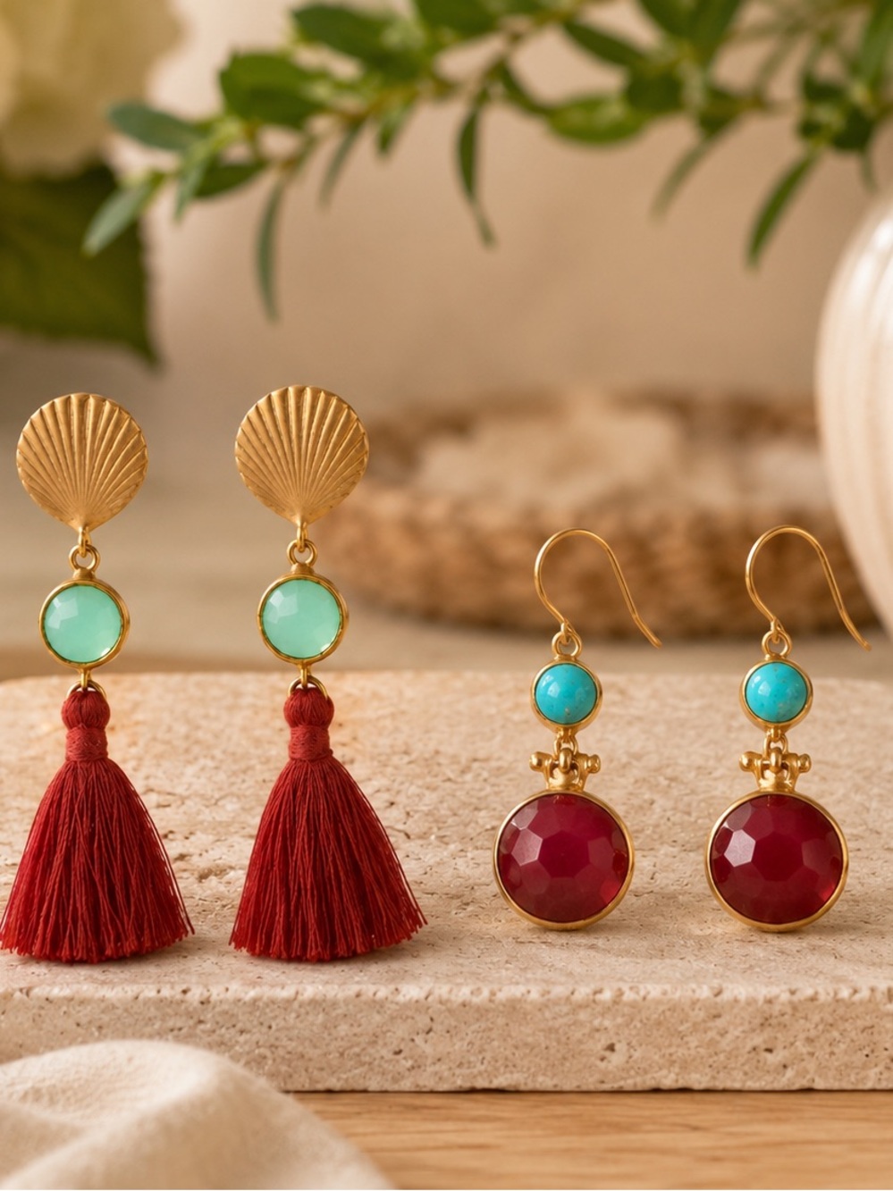 Greek Gold-Tone Earrings  SET Turquoise and Burgundy Accents from Greek Islands